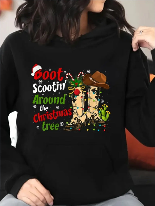 Boots Scootin Around The Christmas Tree Printed Women's Hoodie