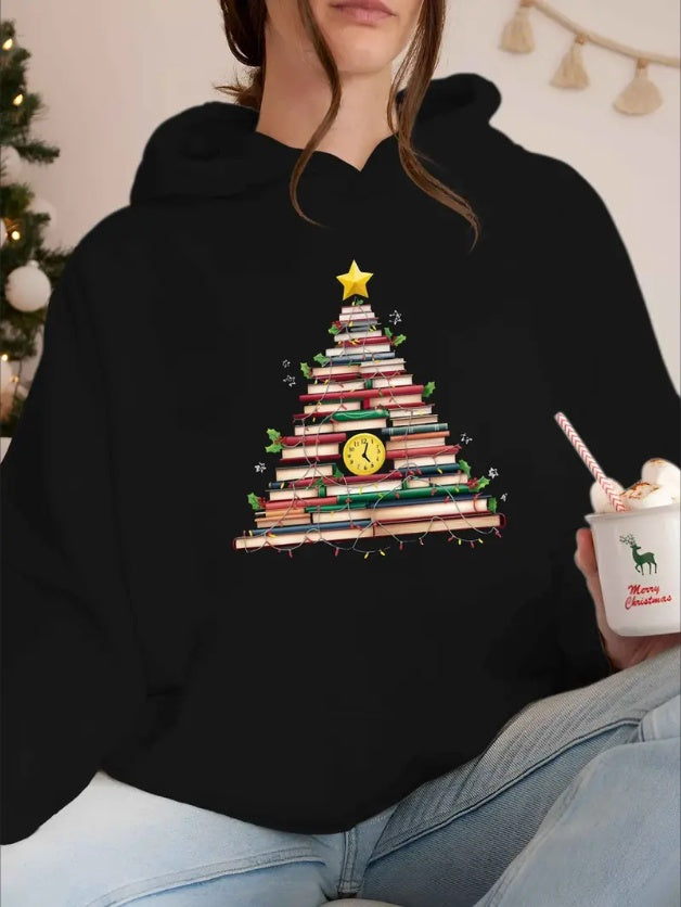 Christmas Tree Made Of Books Print Women's Hoodie