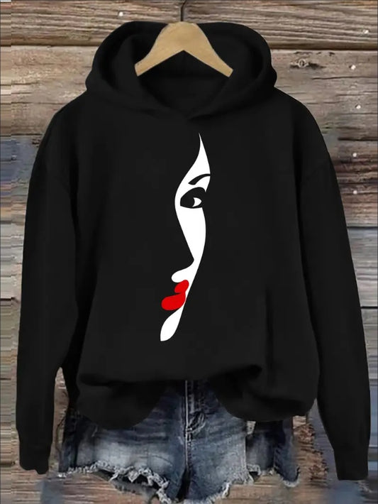 Artistic Face Print Black Hoodie - Cozy Women's Pullover for Fall & Winter