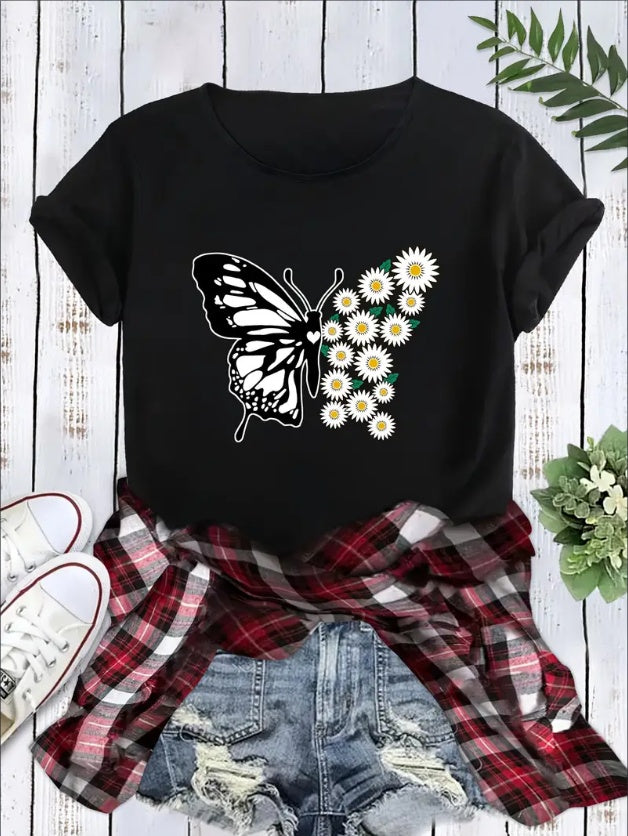 Butterfly And Daisy Print Round Neck Women's Print Short Sleeve T-Shirt