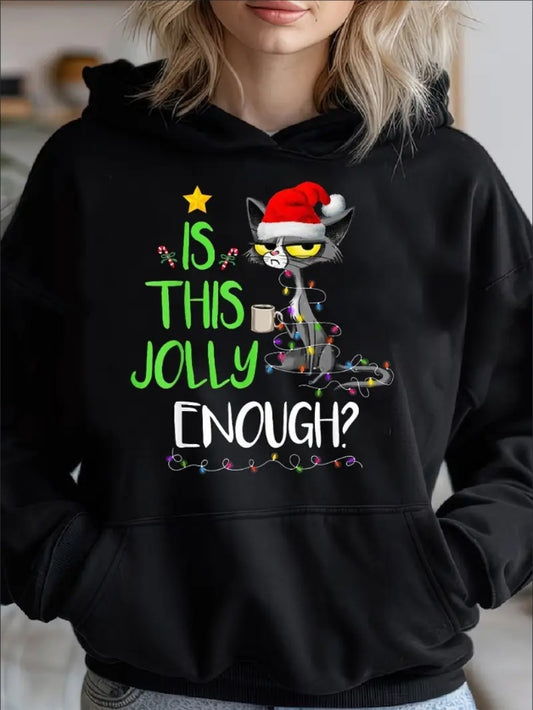 Is This Jolly Enough Black Cat Merry Christmas Tree Lights Women's Hoodie