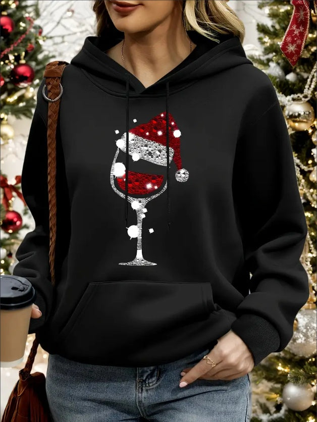 Wine Glass + Santa Hat Print Women's Hoodie