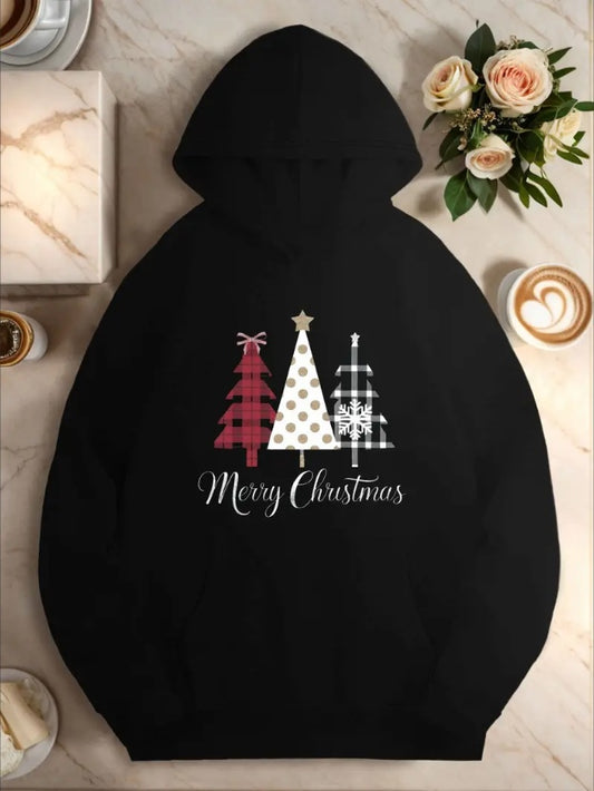 Plaid Polka Merry Christmas Tree Print Women's Hoodie