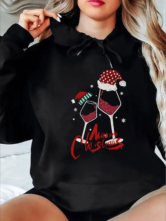 Festive Wine Glass Print Women's Hoodie