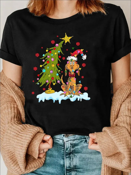 Christmas Tree And Dog Women's Print Short Sleeve T-Shirt