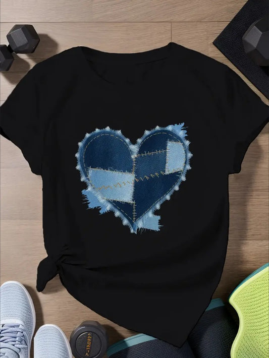 Heart Shaped Denim Pattern Women's Print Short Sleeve T-Shirt