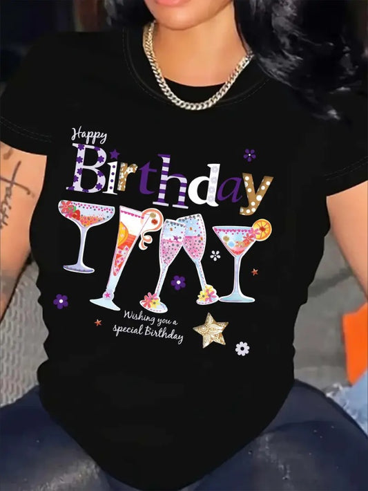 Birthday Wine Print Crew Neck Women's Print Short Sleeve T-Shirt