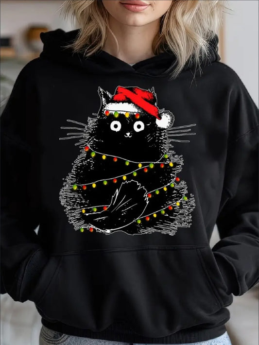 Black Cat & Christmas Tree Design Women's Hoodie