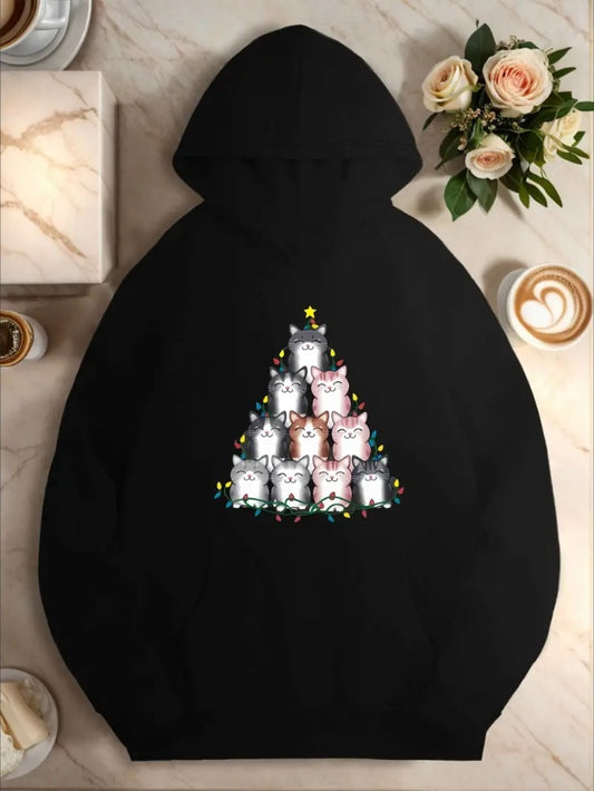 Nine Cats Christmas Tree Design Women's Hoodie