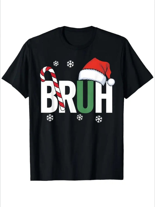 Bruh With Santa Hat Graphic Men's Print Short Sleeve T-Shirt