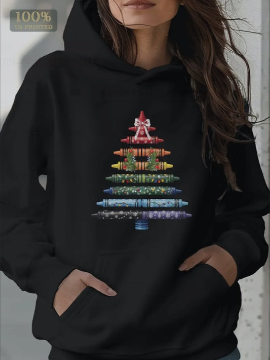 Crayons Christmas Tree Print Women's Hoodie